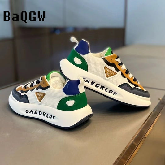 Fashion Color Block Chunky Sneakers Men Comfortable Running Shoes Casual Leather Breathable Height Increased Flat Platform Shoes