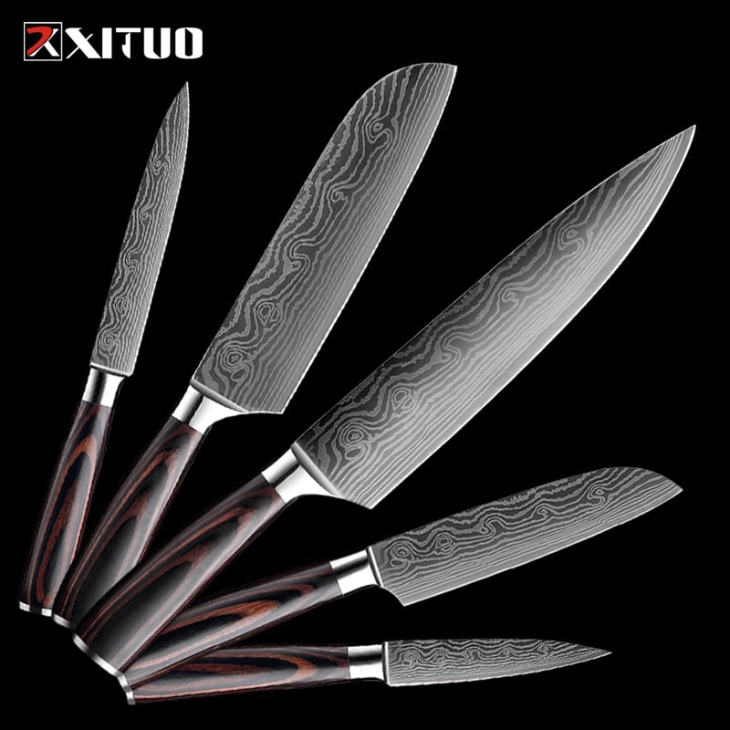 XITUO 1-5PCS set Chef Knife Japanese Stainless Steel Sanding Laser Pattern Knives Professional Sharp Blade Knife Cooking Tool