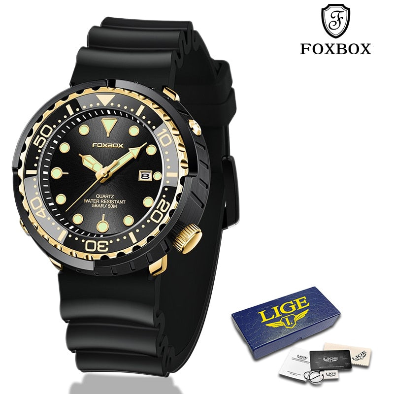 FOXBOX New Gold Fashion Watches Men Sports Silicone Watch Men  50M Waterproof Watches Golden Wristwatches Male Relogio Masculino