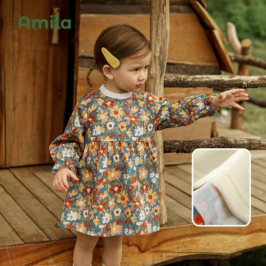 Amila Baby Girl Dress 2022 Autumn New 100% Cotton Long Sleeves A-Line Skirt for Girls Flower Sweet Children Clothes Fashion