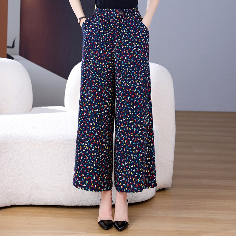 Summer Wide Leg Pants Women Loose High Waist Beach Ankle-Length Trousers Summer Casual Retro Print Plaid Pants