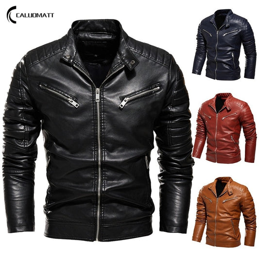Mens Winter Jacket Lapel Black Leather Motorcycle Jacket Men Biker Coats Pleated Design Smart Jacket Men Warm Fur Lined Slim Fit