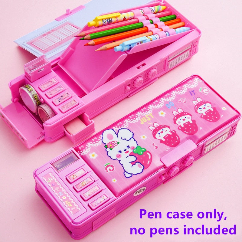 Mechanical deformation combination lock stationery box girl cute pencil case school student pencil box Cartoon plastic pen case