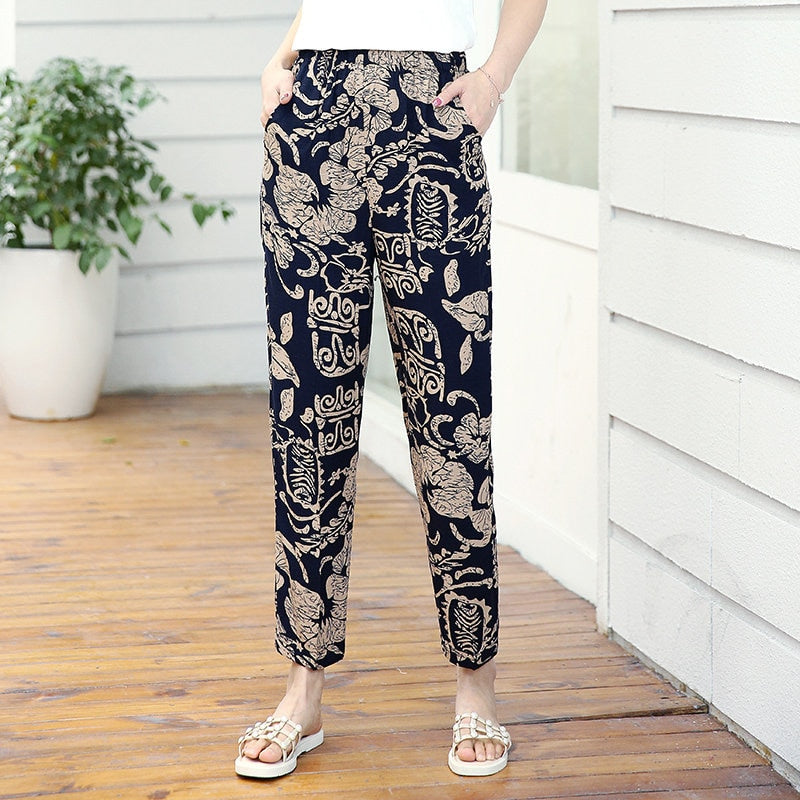 2023 Summer Casual Pencil Pants Women Bottoms Vintage High Waist Pants with Print Elastic Waist Middle Aged Women Trousers