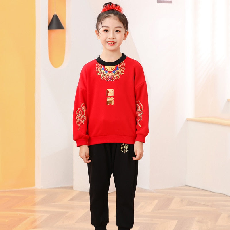 2022 Autumn Winter 2 3 4-14 Years Brother Sisiter Family Outfit Thicken Boy Girl Chinese New Year Red Sweatshirt +Pant 2 Pcs Set