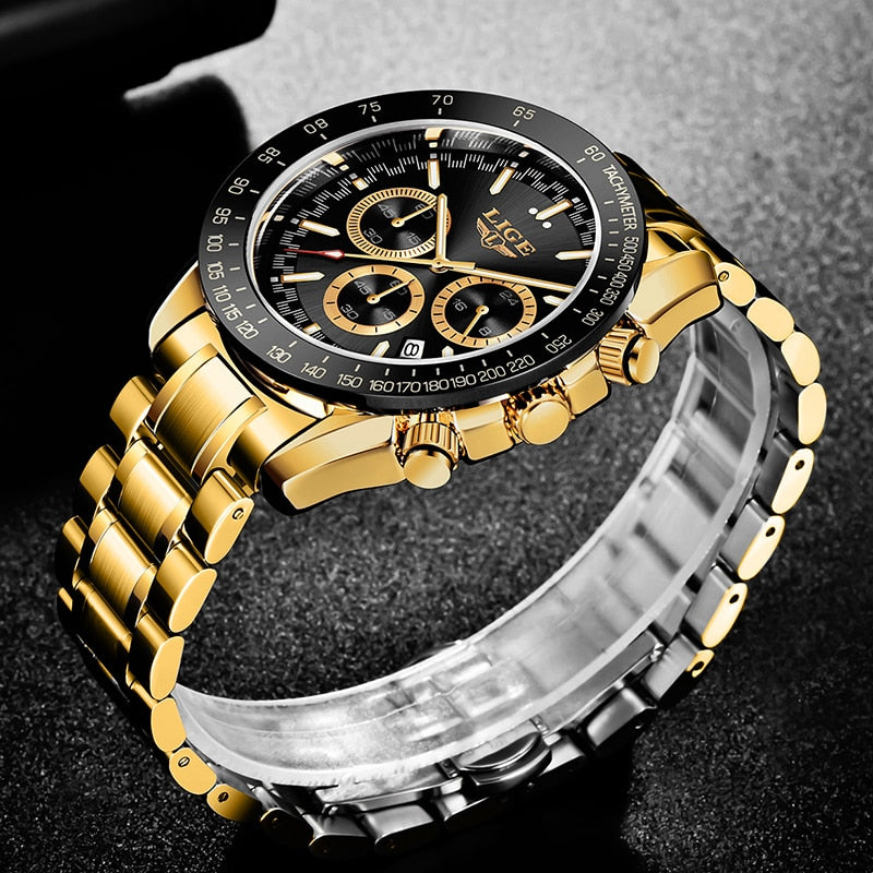 LIGE Luxury Gold Metal Wirst Watches Men 2022 Business Quartz Wristwatches Steel Chain Male Clock relogio masculino Men relojes