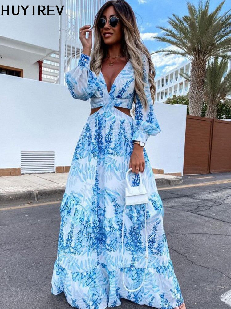 Elegant Sexy V Neck Hollow Out Long Dress For Women 2022 Autumn Casual Long Sleeve Print Bohemian Beach Vacation Midi Dresses