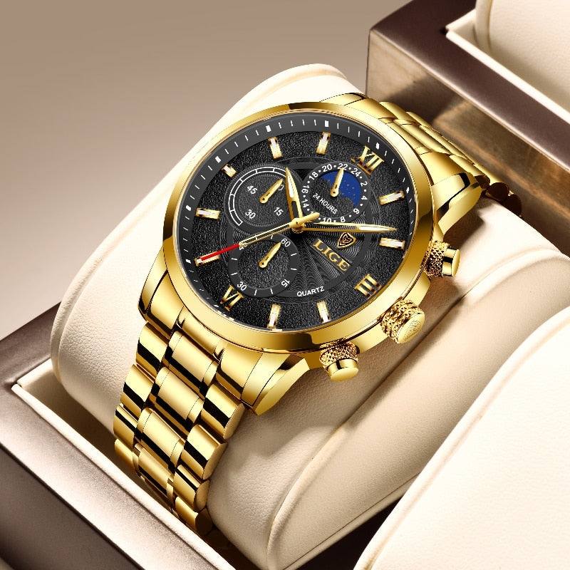 2023 LIGE Business Gold Watch For Men Luxury Original Waterproof Stainless Steel Golden Male Wristwatches Relogio Masculino 2022