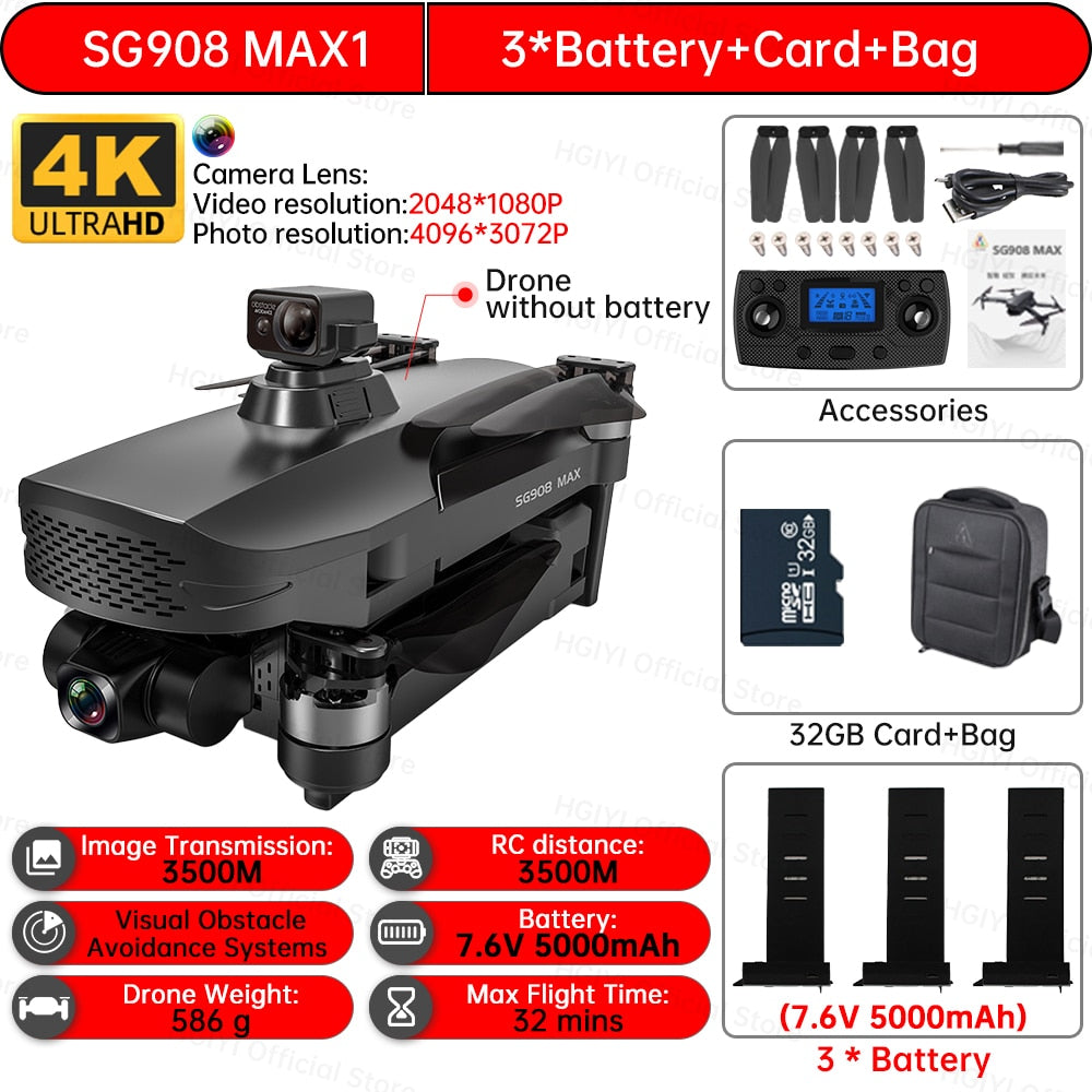 HGIYI SG908 Max Drone 4K Profesional 3-Axis Gimbal Obstacle Avoidance HD Camera Dron GPS RC Helicopter Quadcopter VS SG907 Max