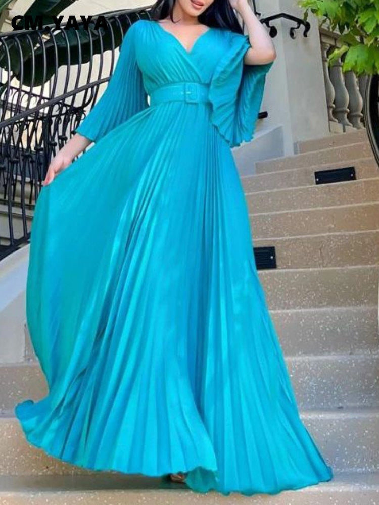 CM.YAYA Pleated Wraped V-neck Flare Sleeve Big Swing Floor Length Maxi Long Dresses for Women Autumn Winter Party Prom Dress