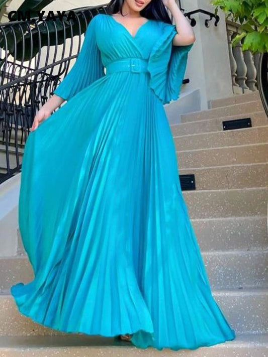 CM.YAYA Pleated Wraped V-neck Flare Sleeve Big Swing Floor Length Maxi Long Dresses for Women Autumn Winter Party Prom Dress