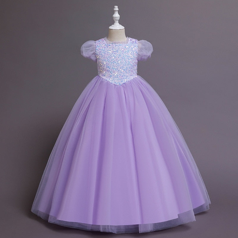 2022 Europe Summer Party Dress Girl Rainbow Short Puff Sleeves Sequined Princess Dress Piano Host Birthday Wedding Dress E323