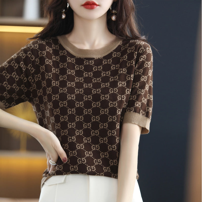 Casual And Elegant Women&#39;s New Fashion Wool T-shirt Fashion Brand Temperament Comfortable Short Sleeve Office Holiday Top