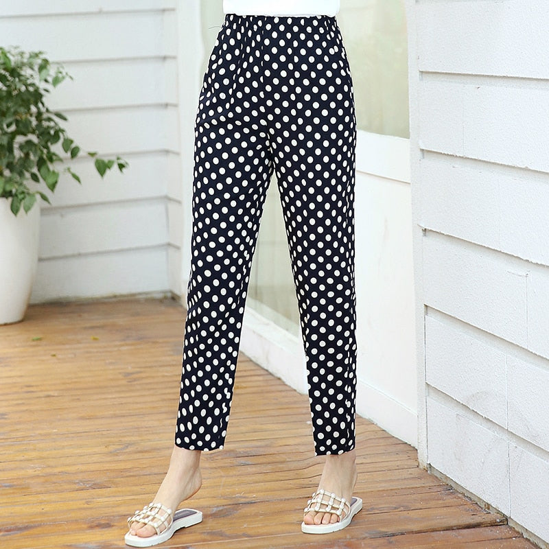 2023 Summer Casual Pencil Pants Women Bottoms Vintage High Waist Pants with Print Elastic Waist Middle Aged Women Trousers