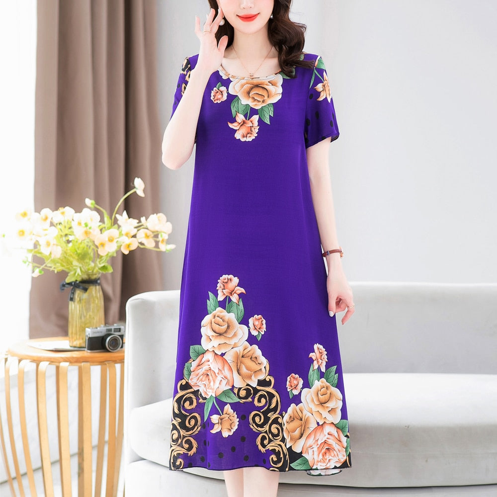 New Fashion 2023 Summer Dress For Long Vintage Loose Women Elegant Short Sleeve Casual O-neck Dresses Print Woman Clothing
