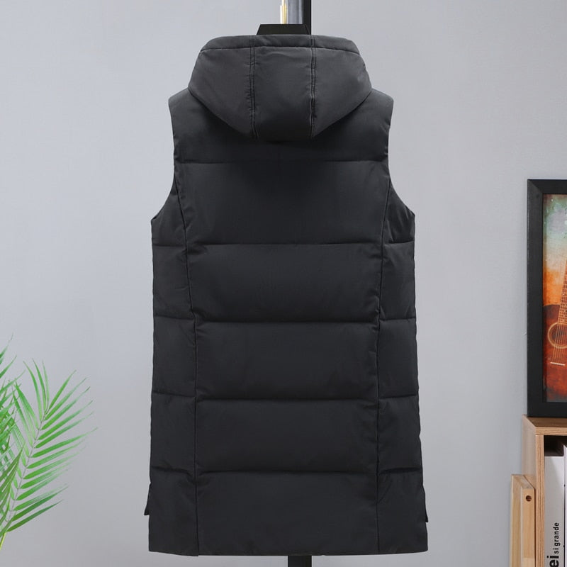 Autumn Winter Men Long Black Vest Hooded 2022 New Brand Fashion Thick Warm Cotton Padded Sleeveless Jacket Men&#39;s Clothes