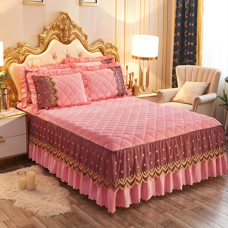 Luxury Winter Quick Warm Velvet Bed Skirt Super Soft Thick Flannel Quilted Bedspread Anti-slip Bed Cover Not Included Pillowcase