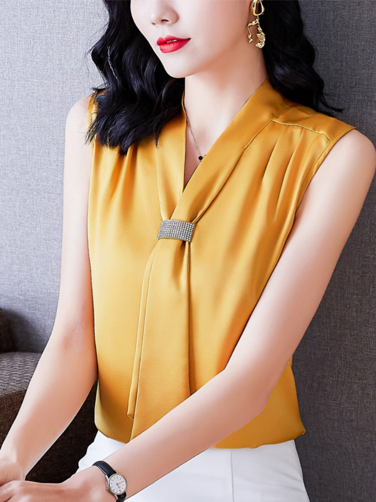 2022 Fashion Summer Satin Blouse V-Neck Sleeveless Womens Tops and Blouses Diamonds OL Women Clothing Chiffon Solid Ladies Tops