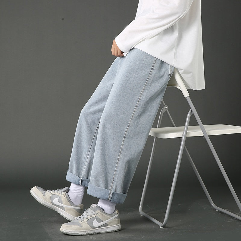 2022 New Street Casual Baggy Jeans Men&#39;s Korean Fashion Hip Hop Straight Wide Leg  Trousers Couple Denim Pants Black Light Blue