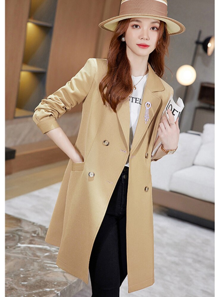 Trench Coat for Women 2022 Autumn Fashion Trench Coats Long Black Coats for Women Suit Jackets Women with Brooch Female Clothing