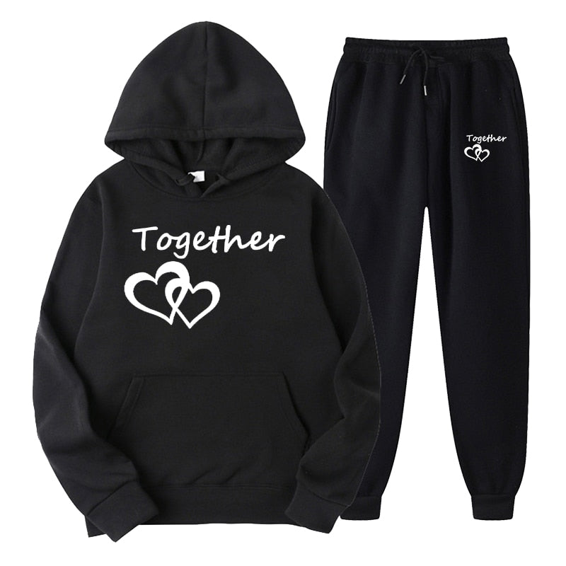 Fashion Men and Women Unisex Couple Sportwear Set Lover Forever Together Printed Hooded Suits Set Hoodie and Pants Streetwear