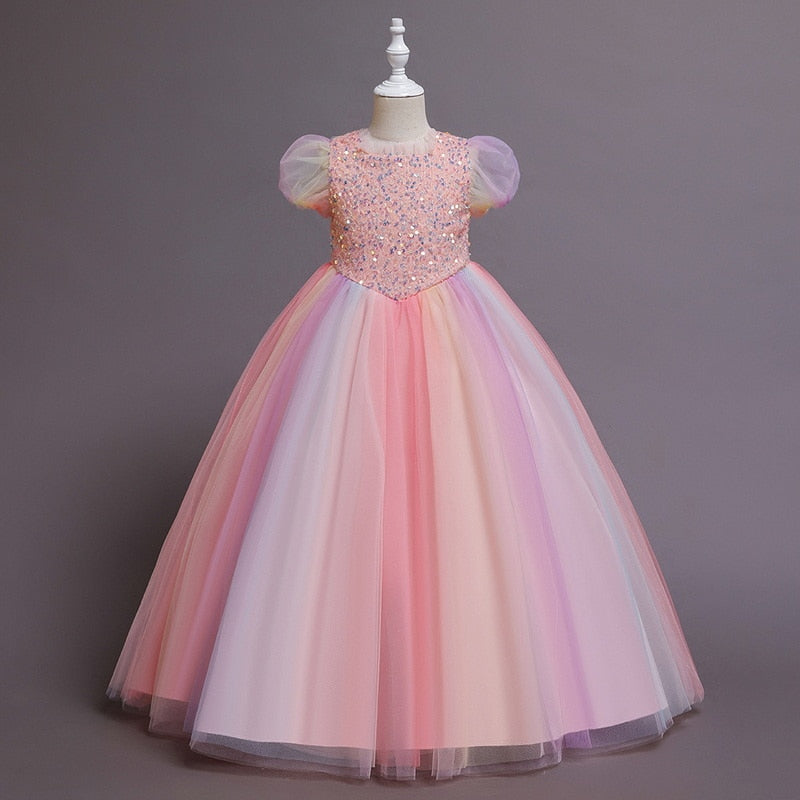 2022 Europe Summer Party Dress Girl Rainbow Short Puff Sleeves Sequined Princess Dress Piano Host Birthday Wedding Dress E323
