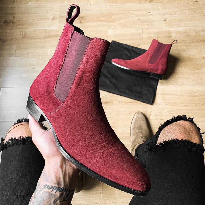 Chelsea Boots Men Handmade Business Black Red Slip on Flock Pu Cowboy Boots Sapato Masculino Free Shipping Men Boots