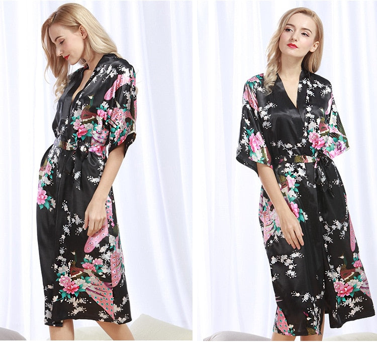 Womens Silk Satin Kimono Robes Long Sleepwear Dressing Gown Floral Peacock Printed Pattern Party Wedding Bridesmaid Bathrobe