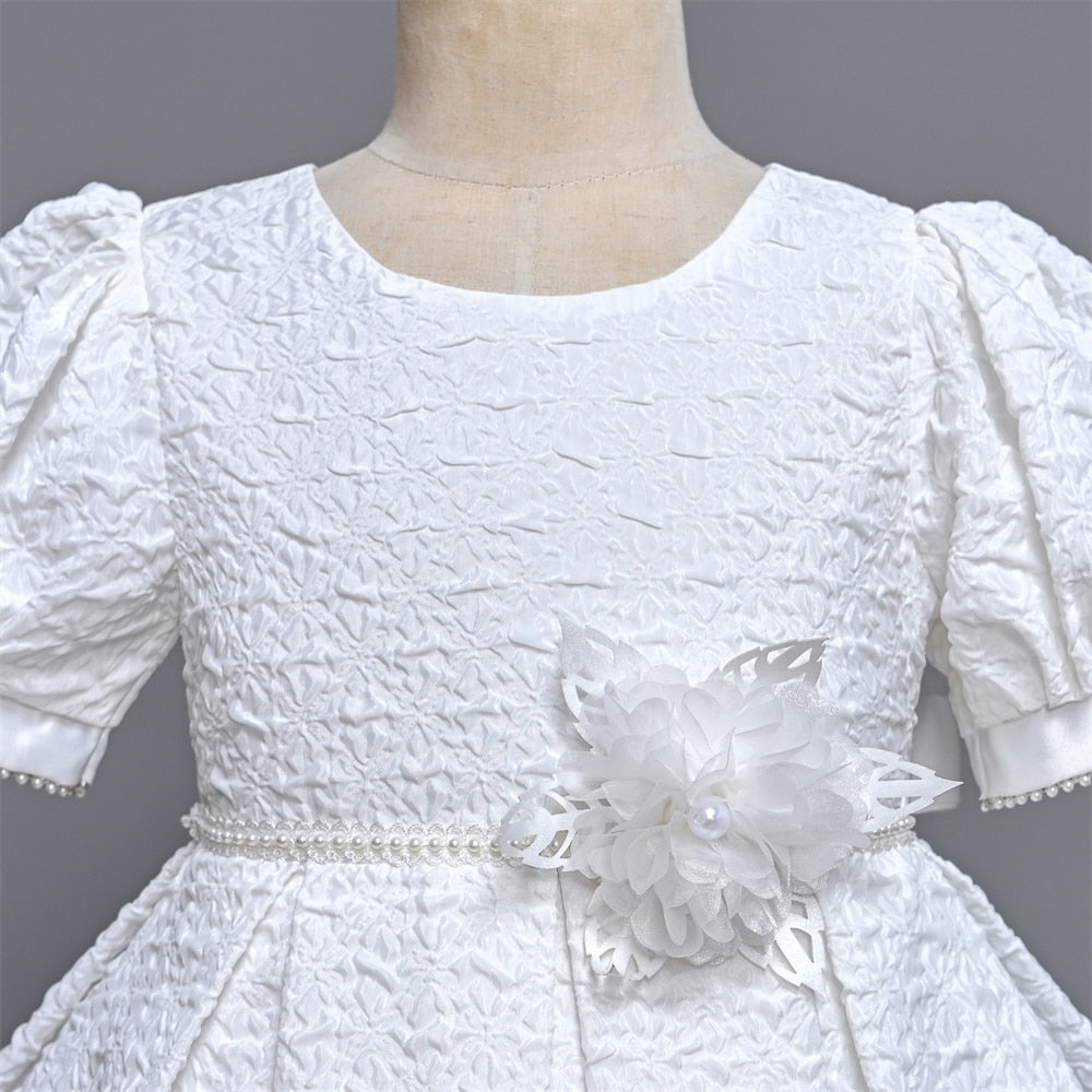 Yoliyolei Pure White Dress for girls Puff Sleeves Ball Gown Elegant Fabric o-neck children clothes girl with Pearls Decoration