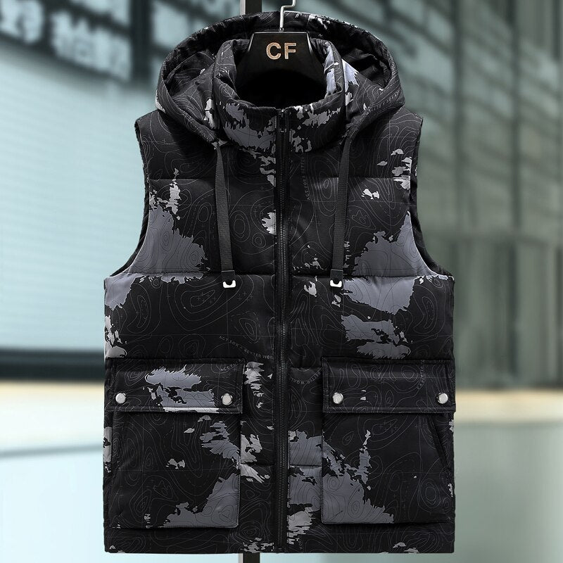 Plus Size S-8XL 2022 Autumn Winter Thick Sleeveless Jackets For Men Camouflage Warm Cotton Vest Hooded Casual Oversize Waistcoat