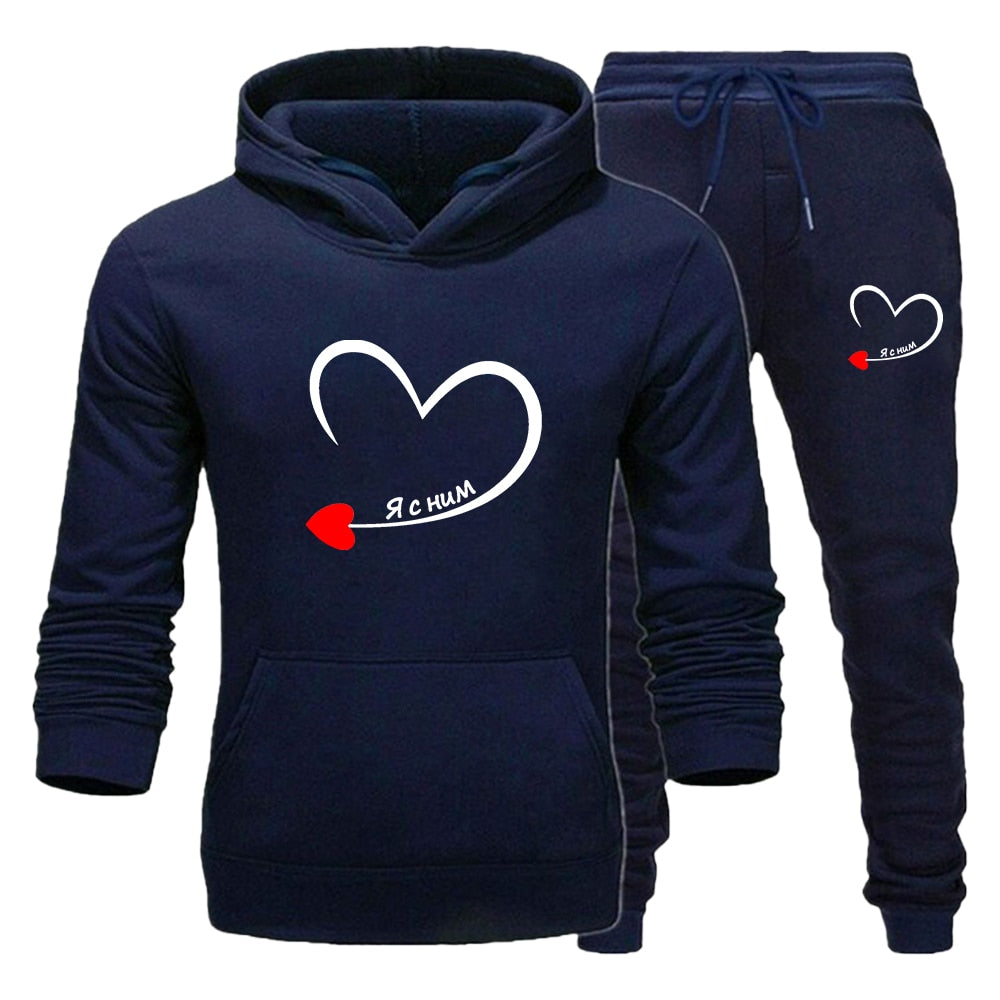 2023 Couples Tracksuit Love Heart Print Lover Hoodie and Pants 2 PCS Clothes Men Women Sweatshirts and Trousers Fleece Suits