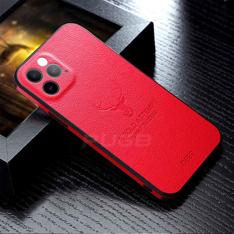 Luxury Leather Texture Square Frame Case For iPhone 11 12 13 14 Pro Max Mini X XR XS Deer Lens Protection Shockproof Hard Cover