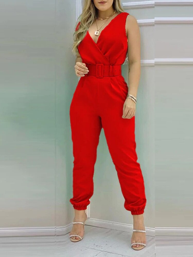 Summer Jumpsuit Women Sexy V Neck Sleeveless Fashion Print Belt Long Pants Rompers For Women Elegant Office Ladies Jumpsuits