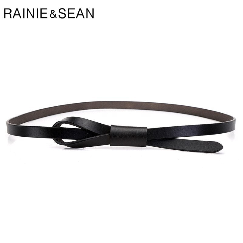 RAINIE SEAN Thin Real Leather Women Belt Korean Casual Ladies Knot Belts for Dresses Autumn Camel Self Tie Strap Accessories