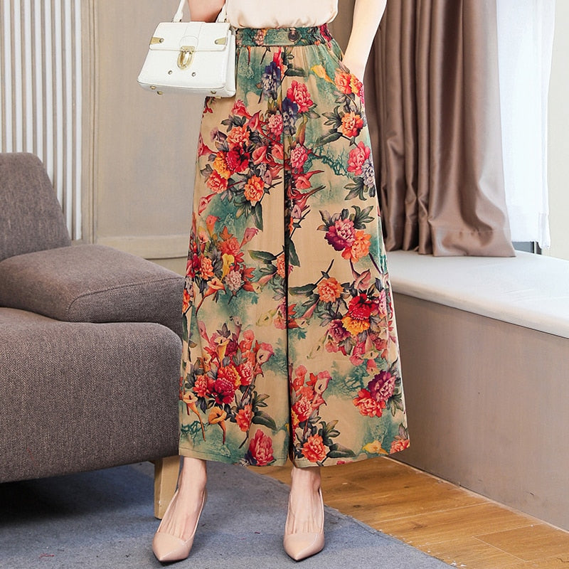 Summer Wide Leg Pants Women Loose High Waist Beach Ankle-Length Trousers Summer Casual Retro Print Plaid Pants