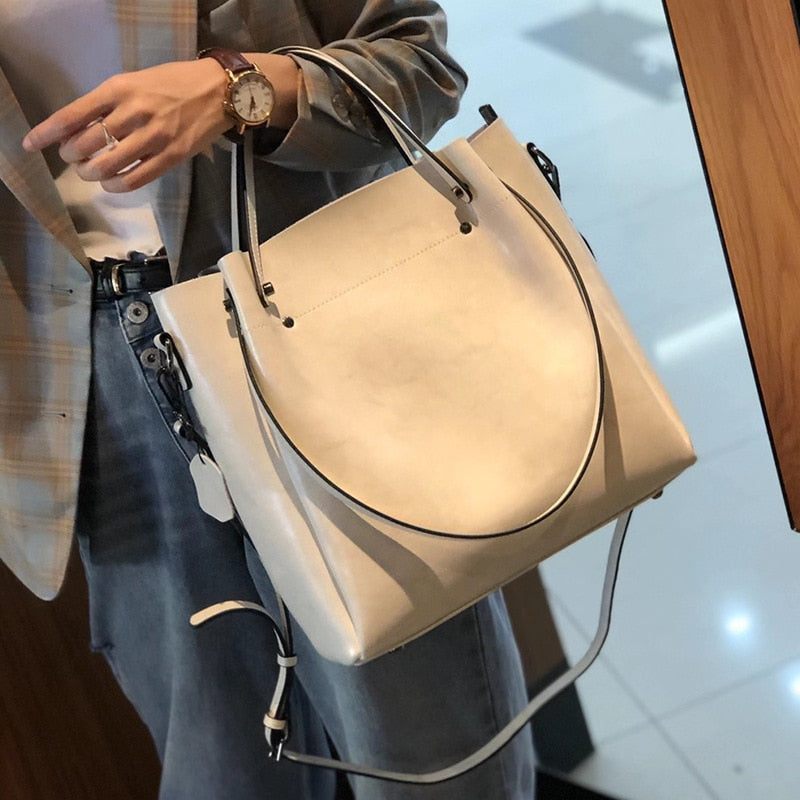 One-shoulder Large Casual Tote Fashion Messenger Cowhide Leather Women&#39;s Bag Large-capacity Ladies Handbag Bucket High Quality