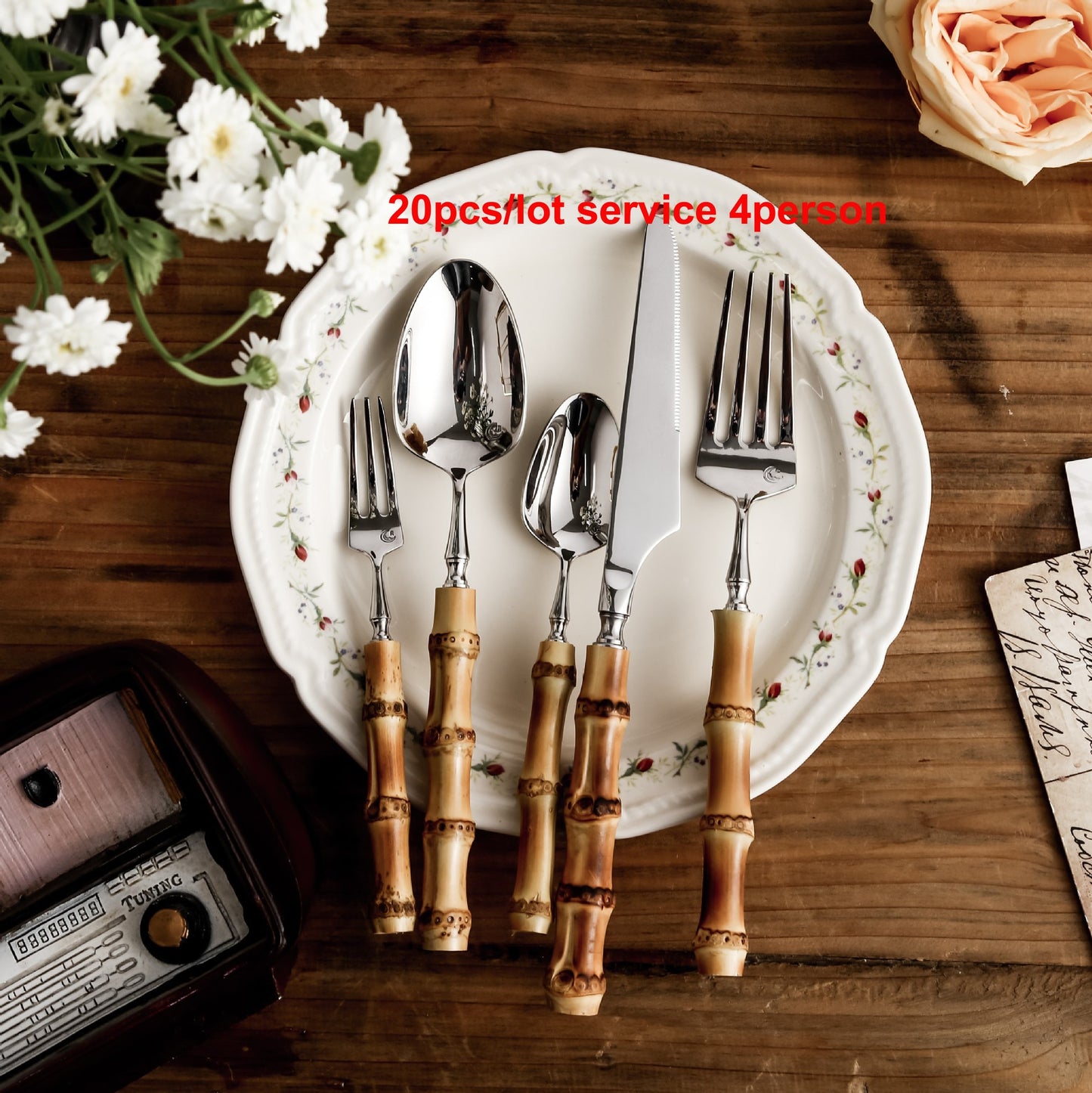 Bamboo Handle Cutlery Set Dinnerware Set 5/20pcs 18/10 Stainless Steel Knife Fork Spoon Tableware Cutleries Sets Drop