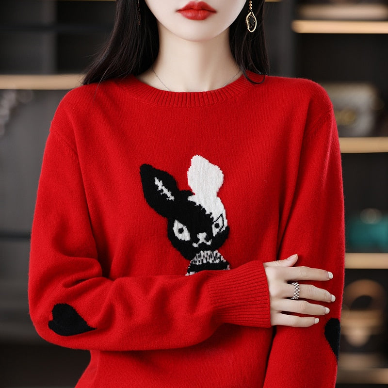 2023 Rabbit New Year Sweater Comfortable And Warm 100% Merino Wool Pullover Korean Fashion Large Women&#39;s Top Free Of Freight