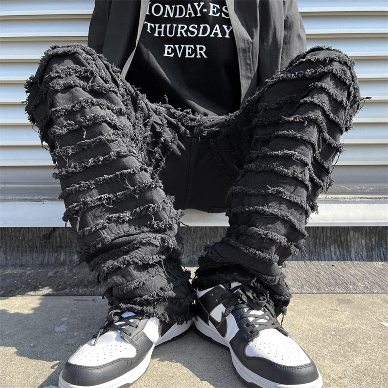 American Street Hip-hop Heavy Industry Ripped Men&#39;s Jeans 2023 Spring  Straight Loose Vibe Style Skateboard White Flared Pants