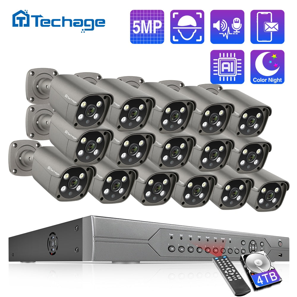 Techage 16CH 5MP POE NVR Kit Security Camera System Two Way Audio H.265 IP AI Camera Outdoor P2P CCTV Video Surveillance Set