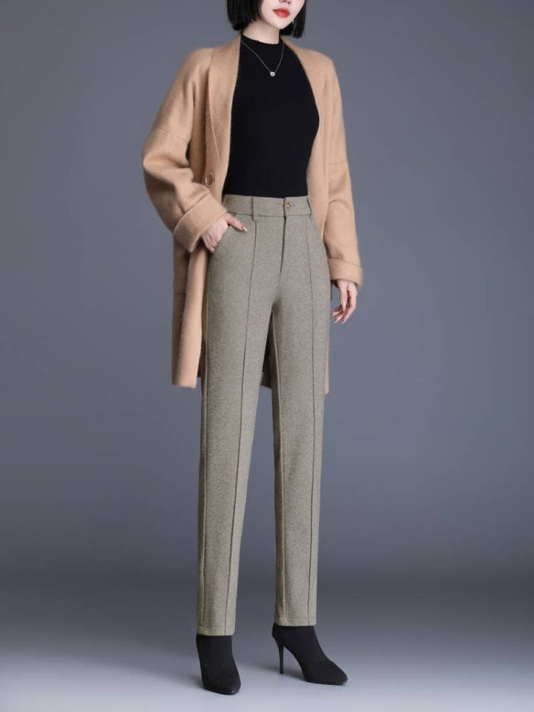 Suit Pants Women Autumn and Winter High-waisted Pants Women clothing Thickened Woolen Ankle-Length Pants Slim Casual Pants women