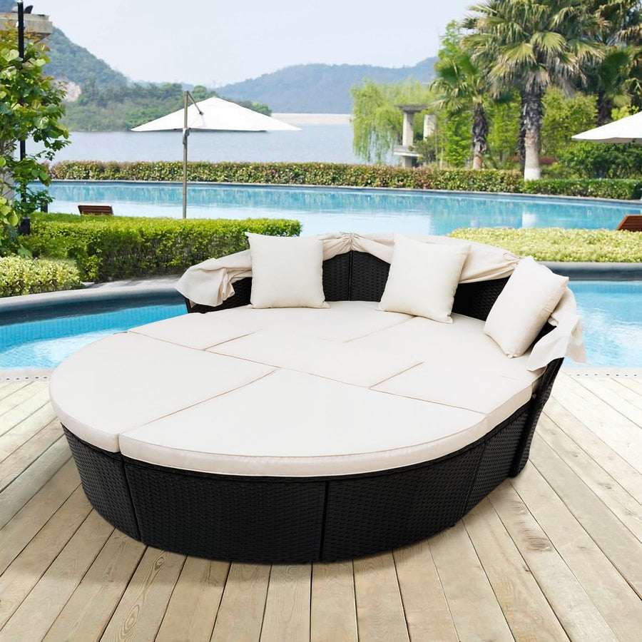 Outdoor garden furniture rattan sofa bed and retractable canopy, round outdoor sofa set, wicker furniture clamshell seat beige.