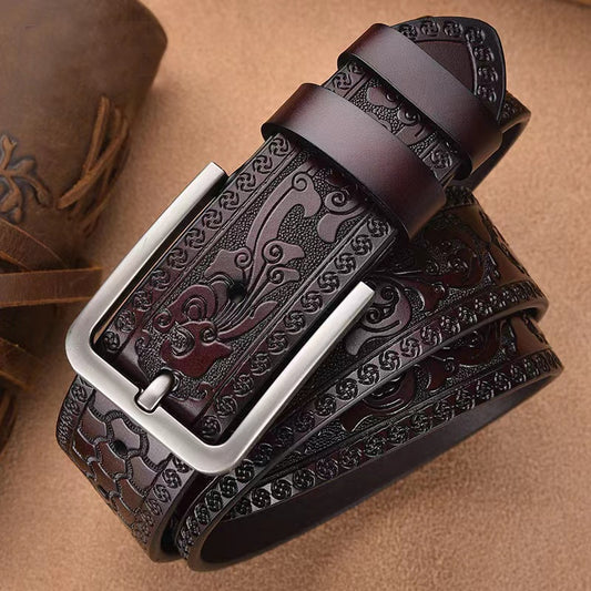 Retro Carved Craft Men&#39;s Belt Leather Cowhide Pin Buckle Fashion Denim Casual Pants Belt