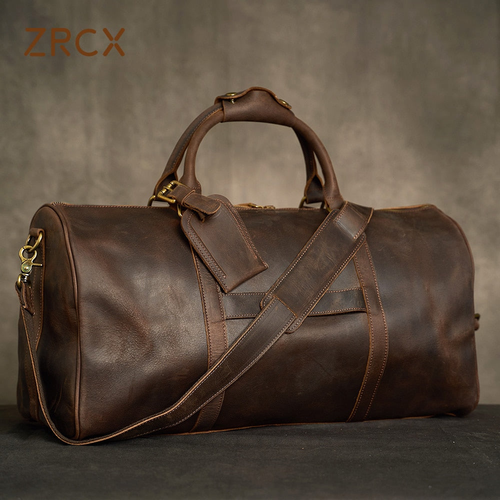 ZRCX Geunine Leather Vintage Men&#39;s Hand Luggage Bag Travel Bag  Large Capacity Single Shoulder Messenger For 15 Inch Laptop