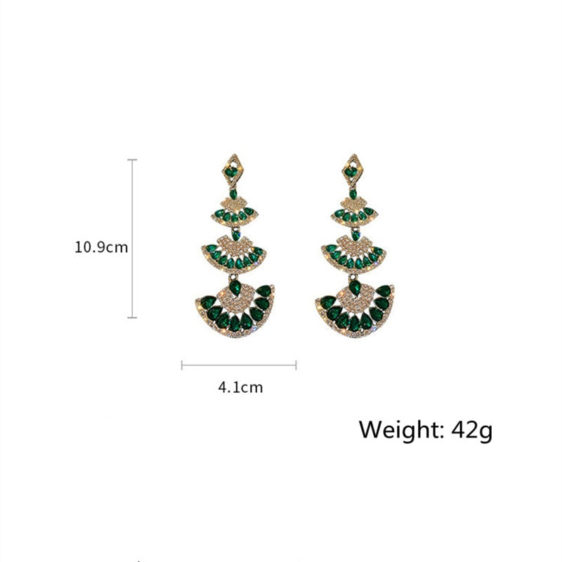 FYUAN Vintage Green Crystal Drop Earrings for Women Oversize Long Sector Geometric Dangle Earrings Statement Jewelry