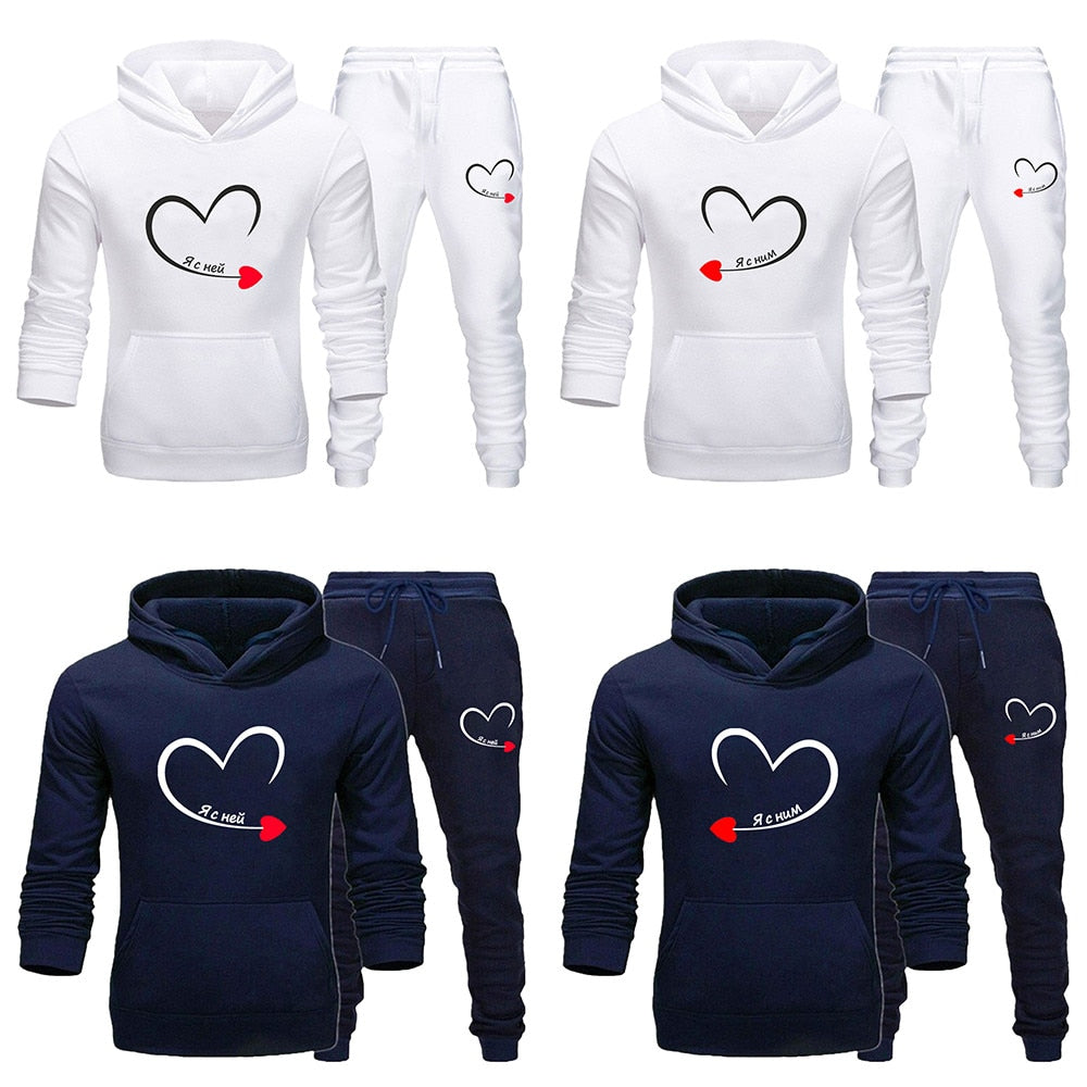 2023 Couples Tracksuit Love Heart Print Lover Hoodie and Pants 2 PCS Clothes Men Women Sweatshirts and Trousers Fleece Suits