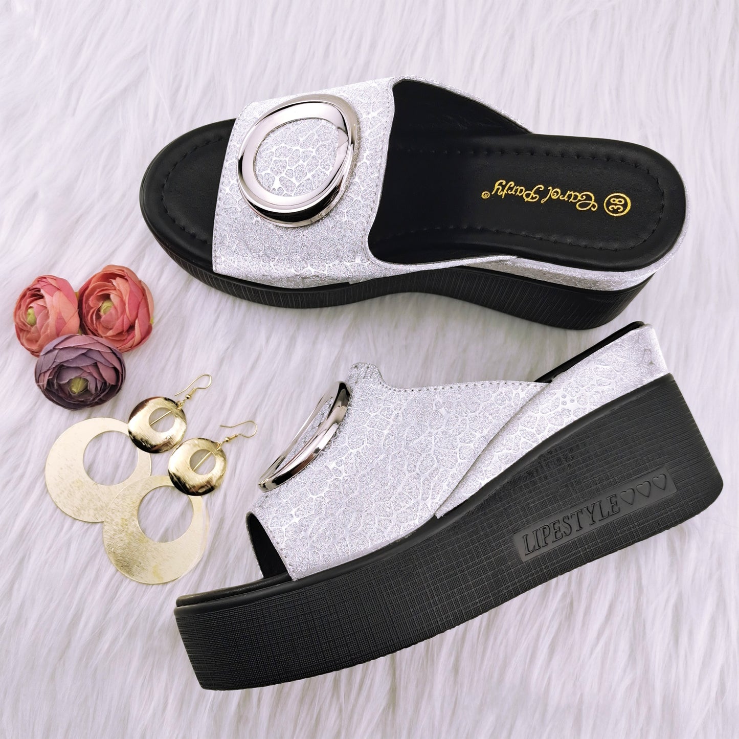 QSGFC Autumn Silver Color Elegant Simple Versatile Round Metal Decoration Ladies Sandals Comfortable Insole Shoes and Bags Set