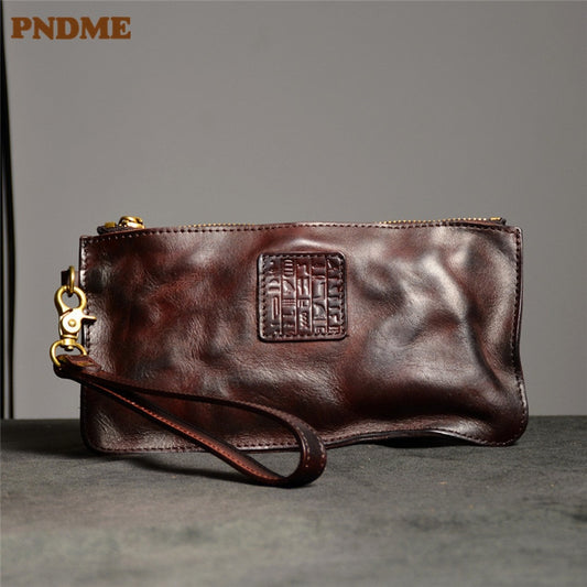 PNDME vintage high quality genuine leather men&#39;s clutch bag outdoor casual luxury natural real cowhide party thin phone wallet