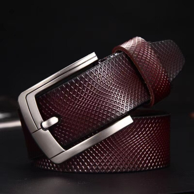 105-125CM Men&#39;s Belt Genuine Leather Vintage Belt Mesh Trend Embossed Pin Buckle Casual Jeans Leather Belt