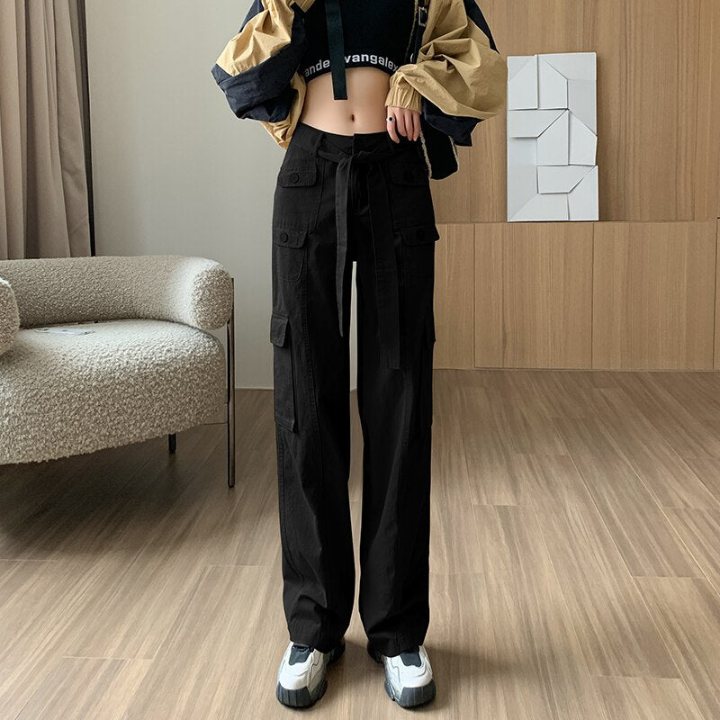 Vintage Cargo Pants Women Casual Pants Autumn New Women Clothing Belt Wide Leg Pants Straight Trousers Basic Soild Pants Women